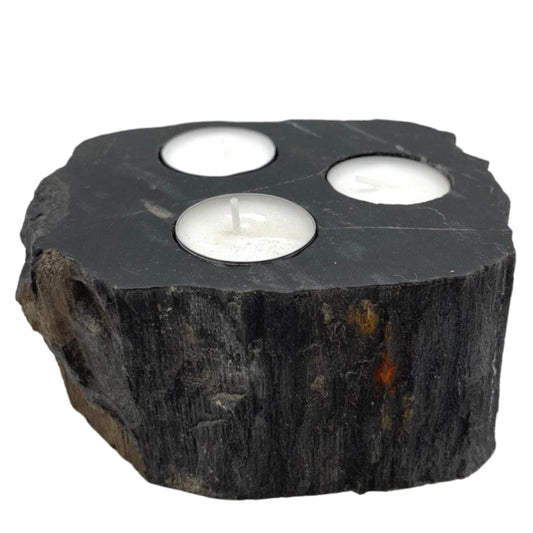 TRIPLE PETRIFIED WOOD CANDLE /SPHERE HOLDER