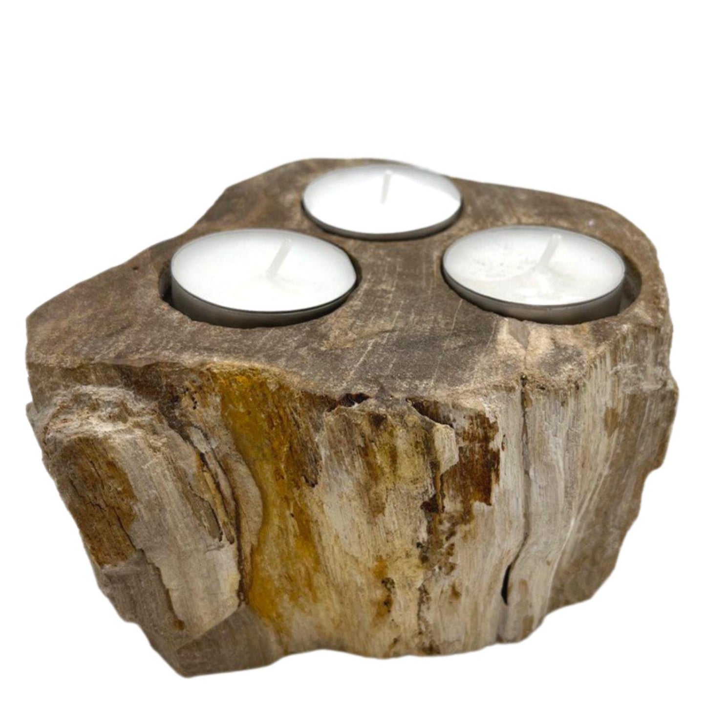 TRIPLE PETRIFIED WOOD CANDLE /SPHERE HOLDER