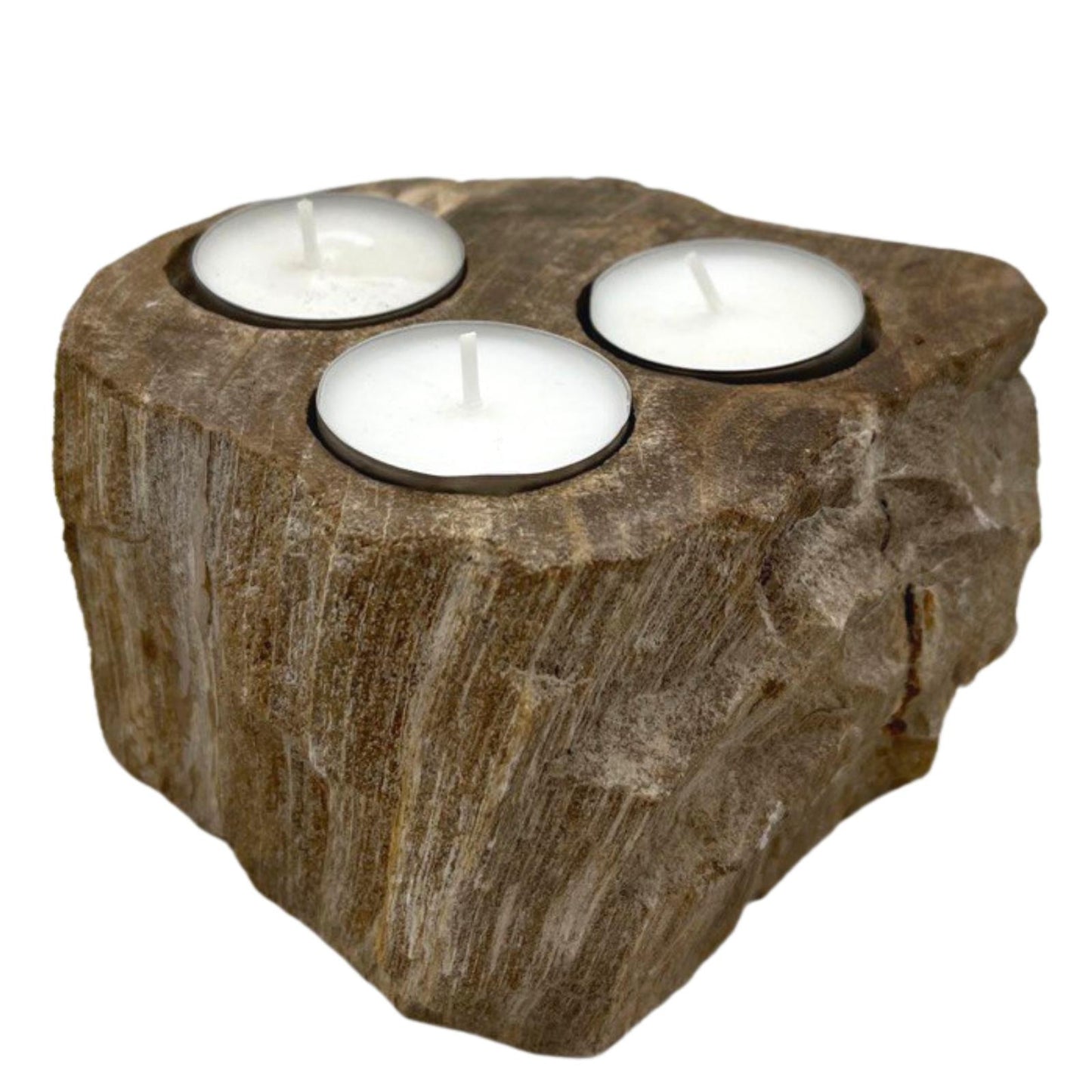 TRIPLE PETRIFIED WOOD CANDLE /SPHERE HOLDER