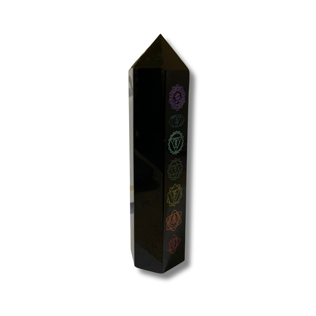 BLACK OBSIDIAN ENGRAVED CHAKRA TOWER