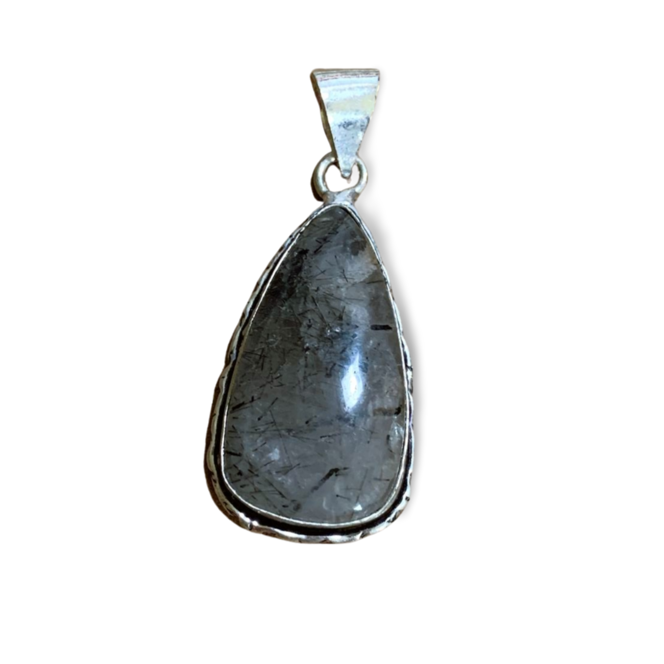 BLACK TOURMALINE IN QUARTZ SILVER CRYSTAL PENDANT