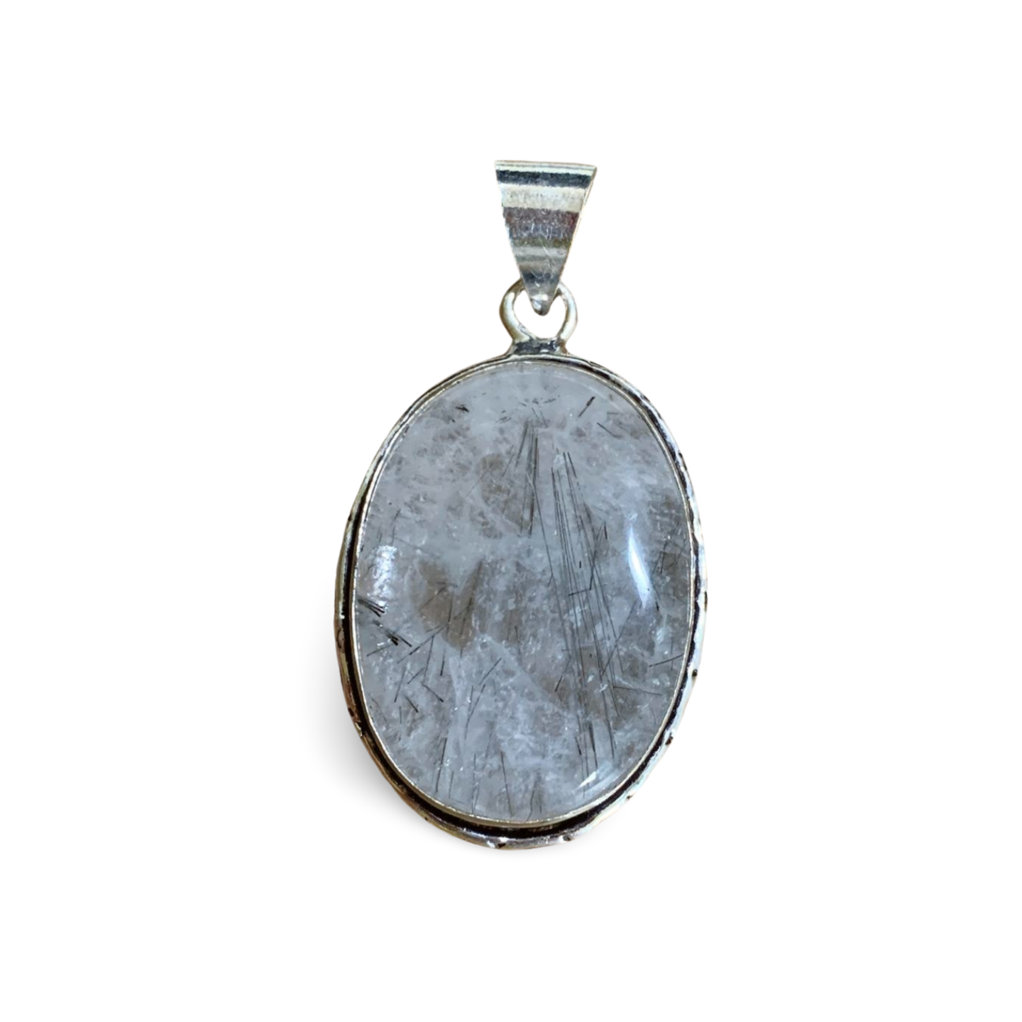 BLACK TOURMALINE IN QUARTZ SILVER CRYSTAL PENDANT