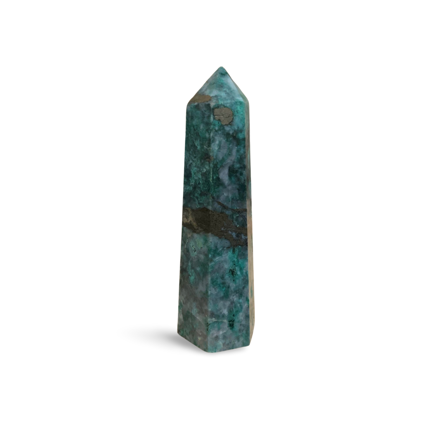 DIOPTASE with SMOKY, CLEAR QUARTZ & PYRITE TOWER