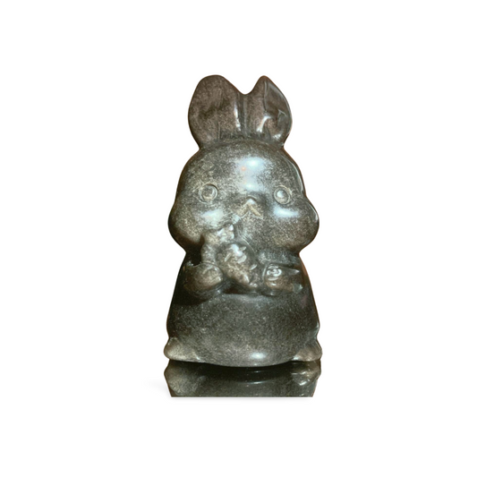 SILVER SHEEN OBSIDIAN BUNNY RABBIT with CARROT CARVING