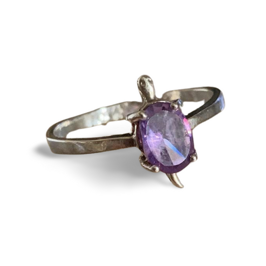 GEM QUALITY AMETHYST SILVER TURTLE RING 'P 1/2'