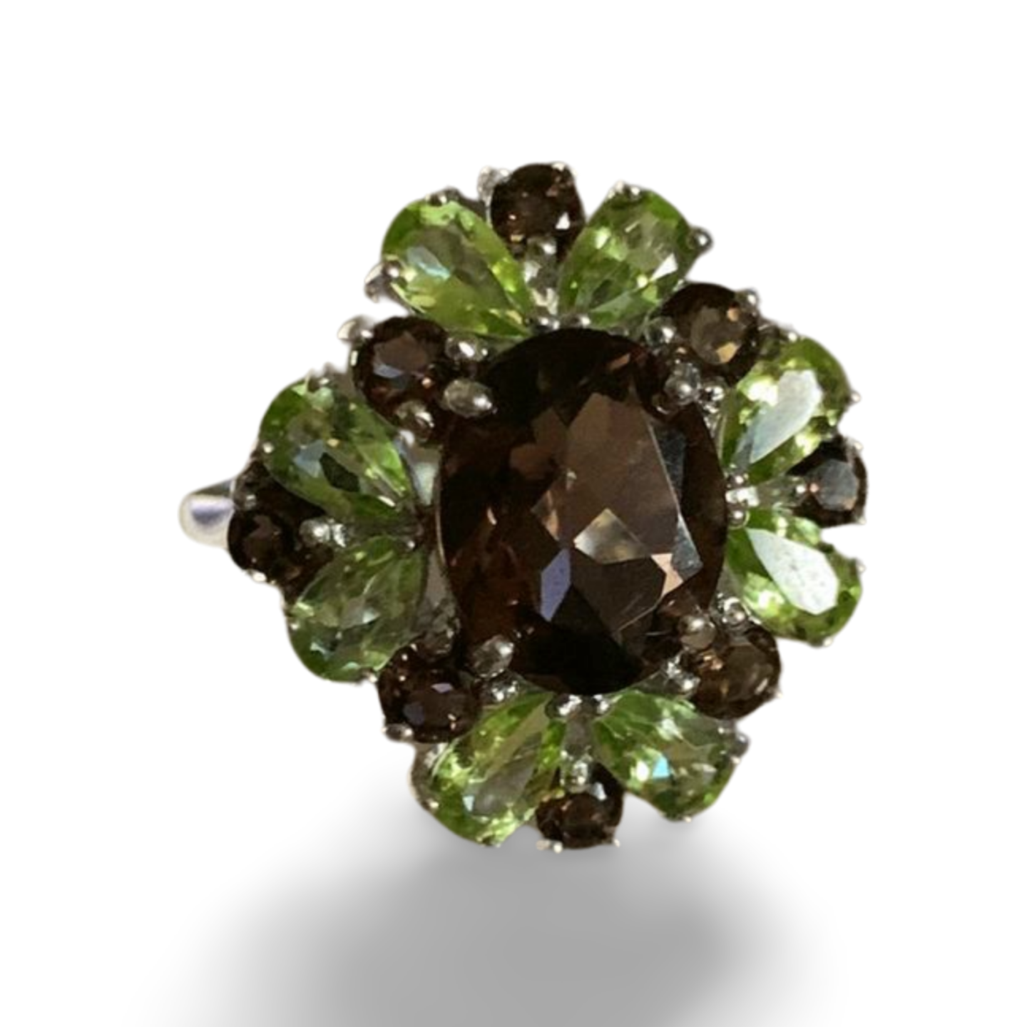 PERIDOT & SMOKY QUARTZ SILVER RING 'O'