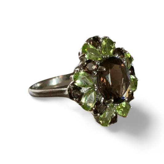 PERIDOT & SMOKY QUARTZ SILVER RING 'O'