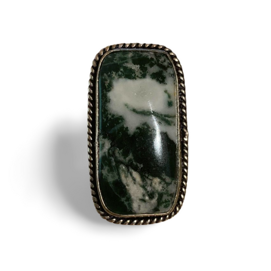 STATEMENT MOSS AGATE SILVER RING 'L'