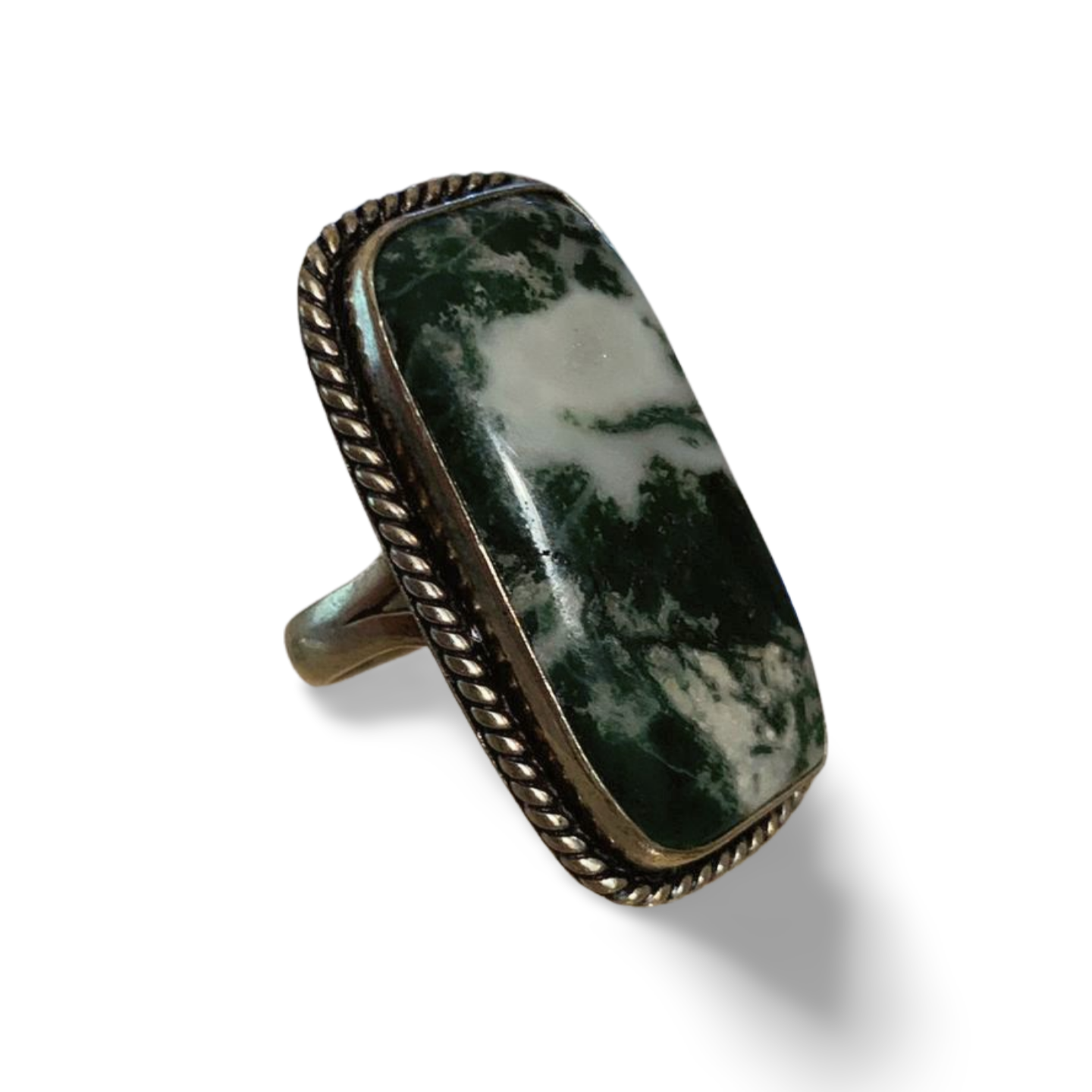 STATEMENT MOSS AGATE SILVER RING 'L'