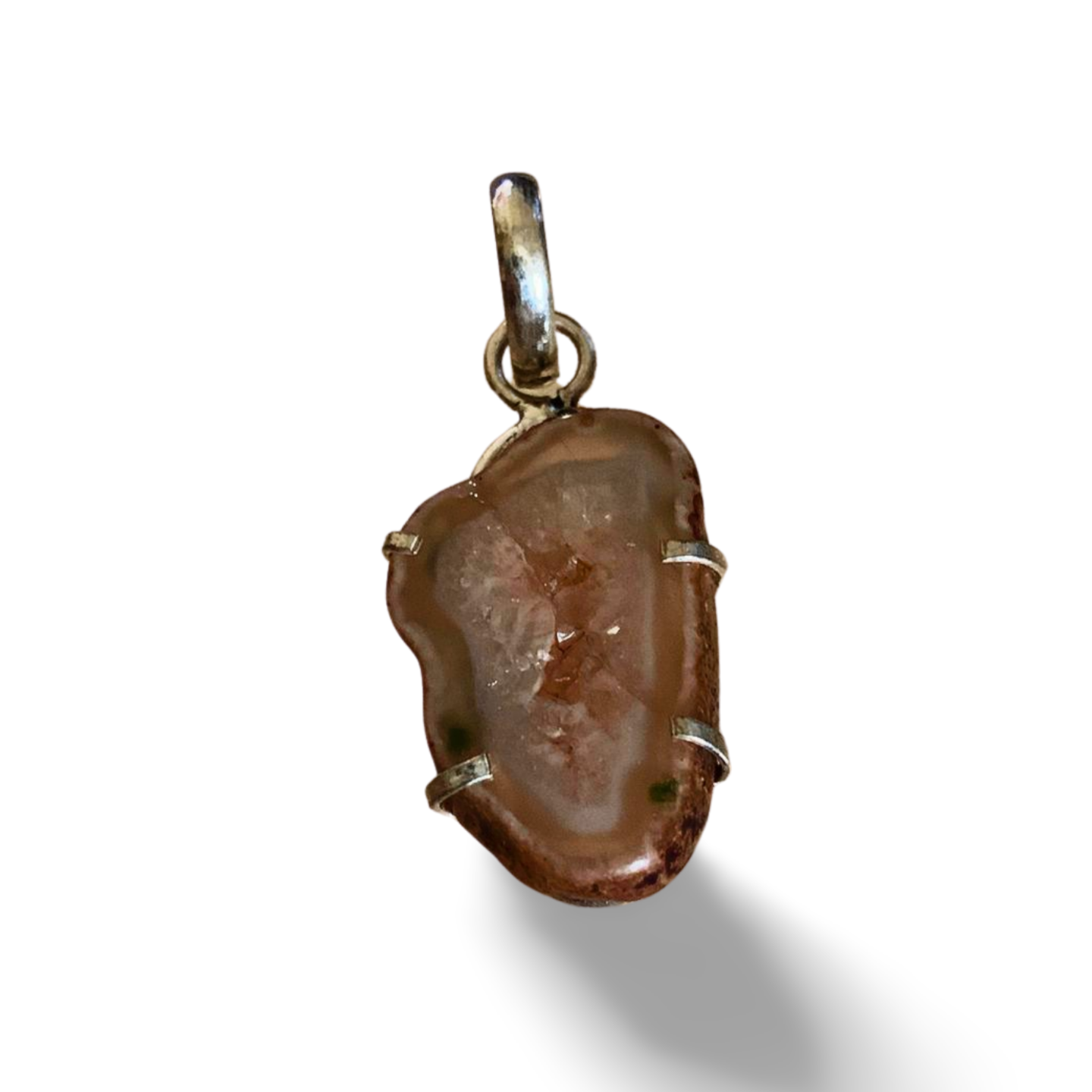 AGATE with DRUZY QUARTZ SLICE SILVER PENDANT