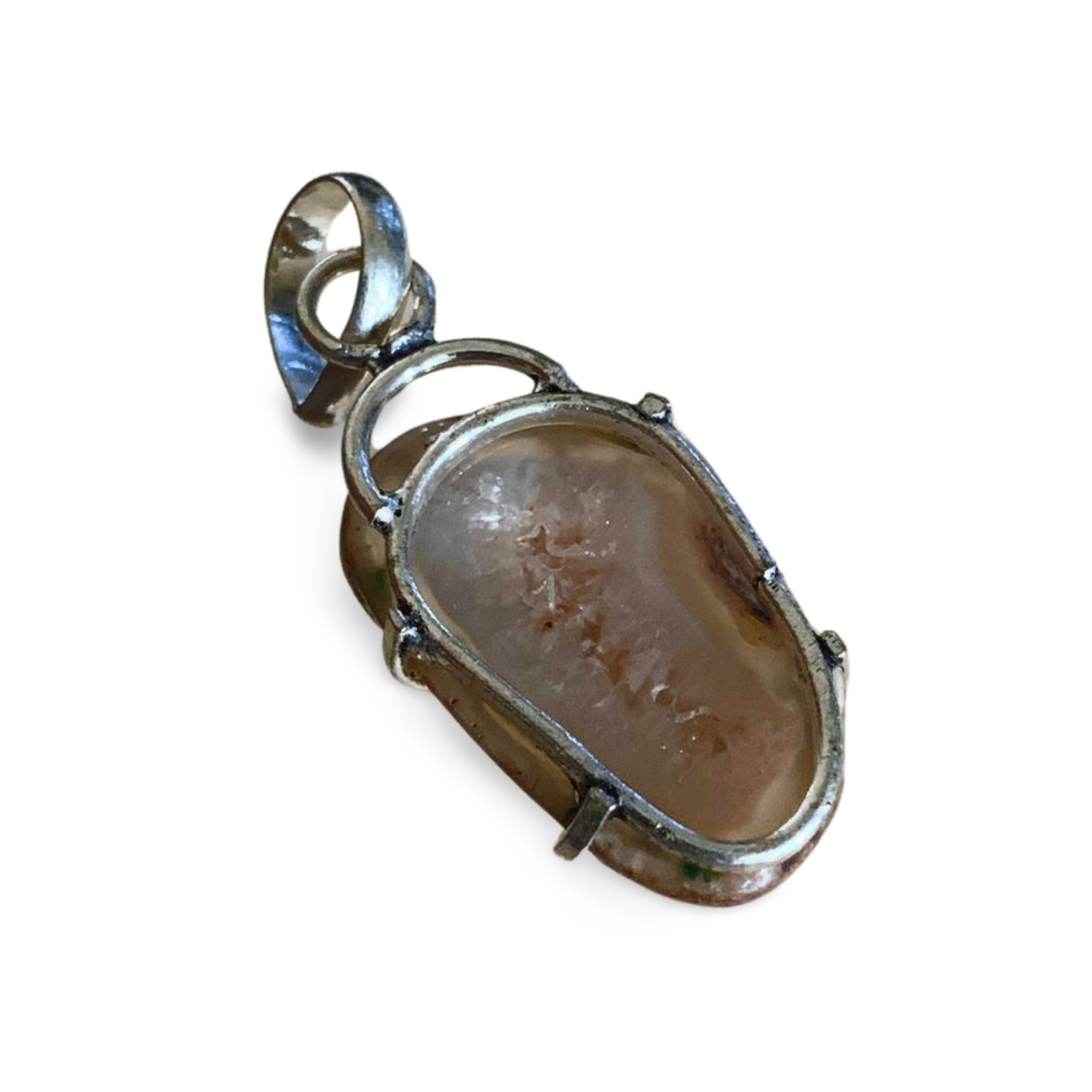 AGATE with DRUZY QUARTZ SLICE SILVER PENDANT