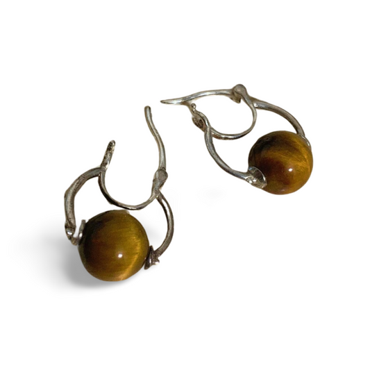 GOLD TIGER EYE SILVER LEVER ARCH HOOP EARRINGS