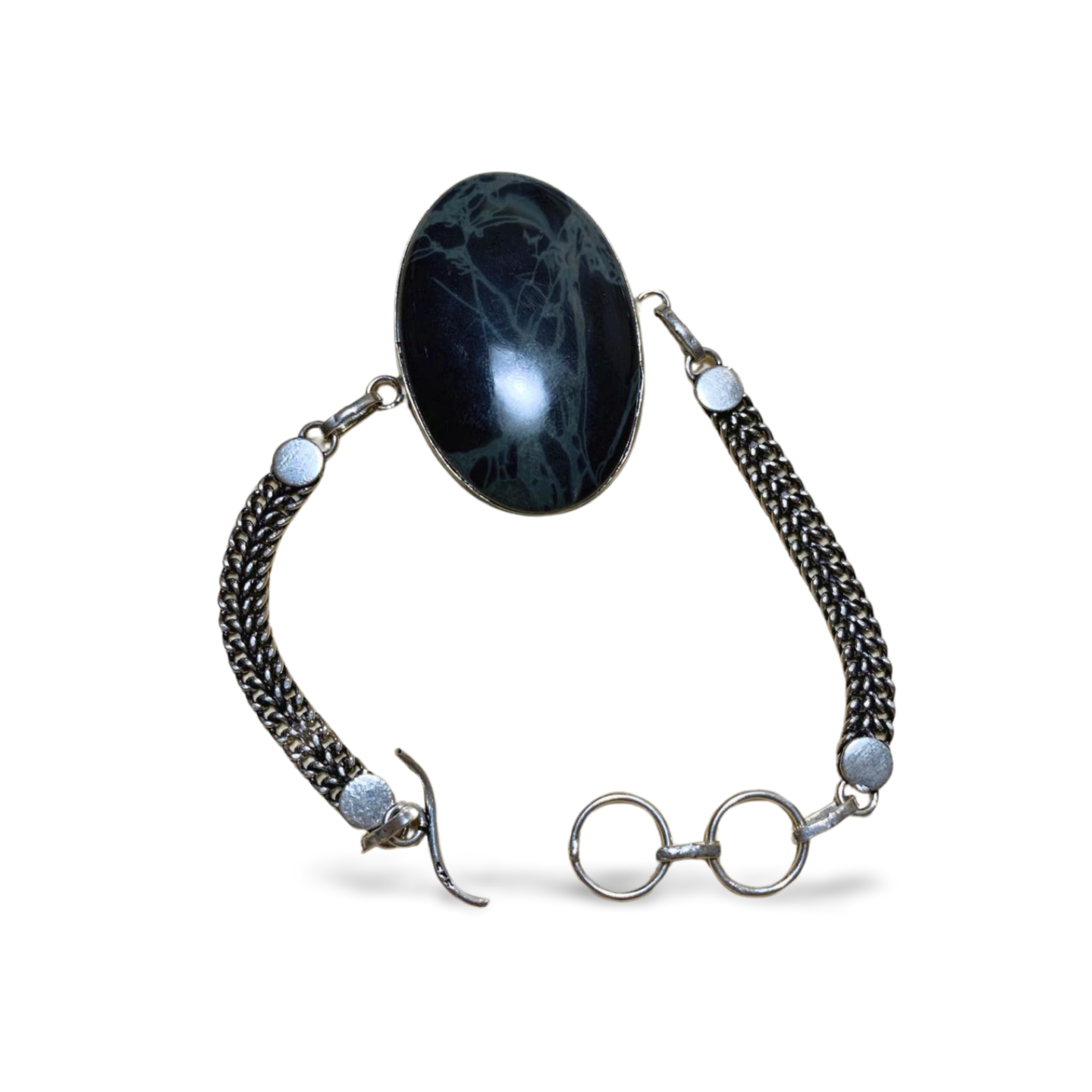 SPIDER WEB OBSIDIAN SILVER T BAR BRACELET