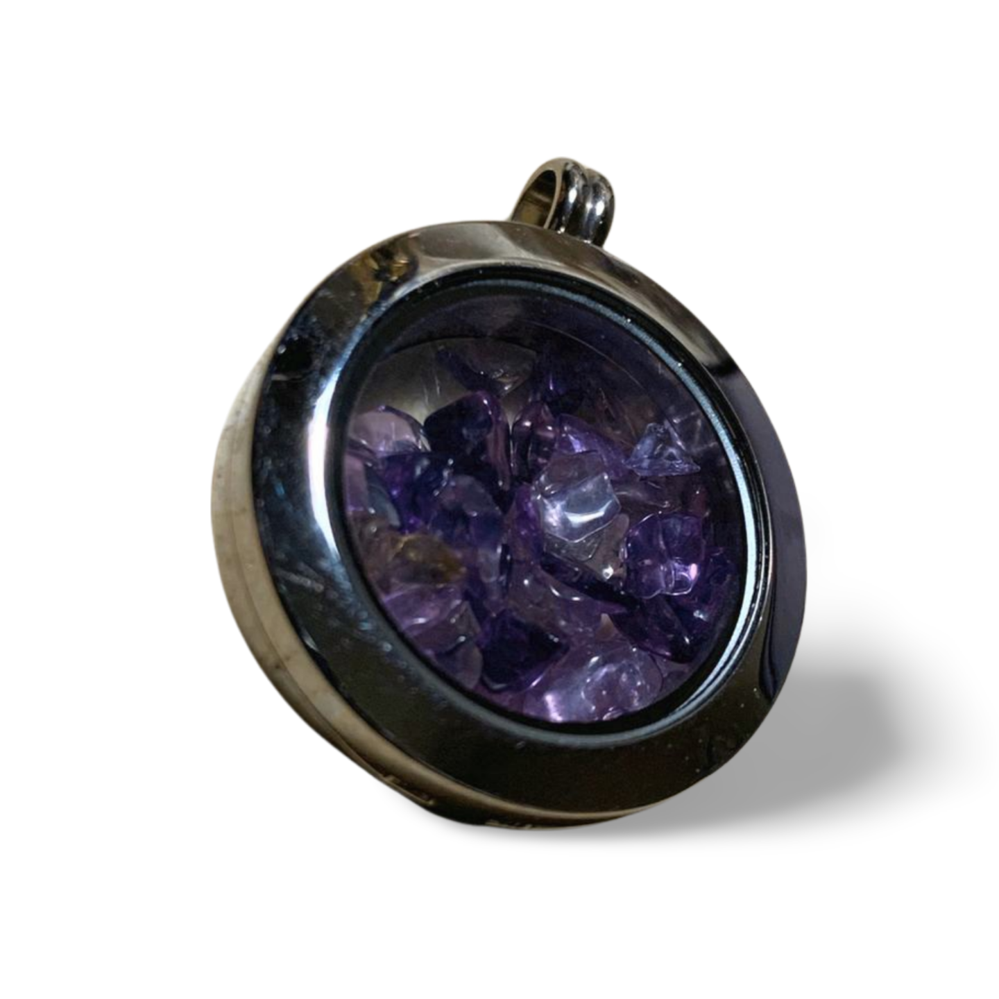 AMETHYST CHIP STAINLESS STEEL MEMORY LOCKET PENDANT