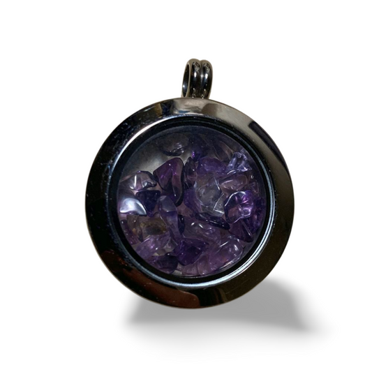 AMETHYST CHIP STAINLESS STEEL MEMORY LOCKET PENDANT