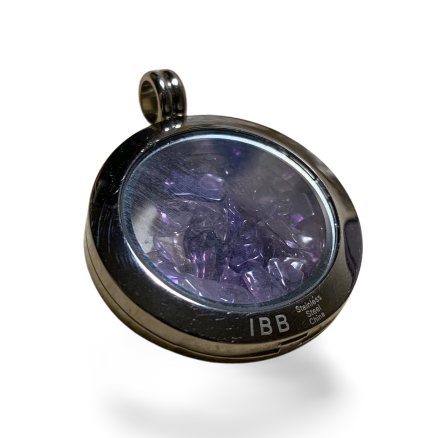 AMETHYST CHIP STAINLESS STEEL MEMORY LOCKET PENDANT