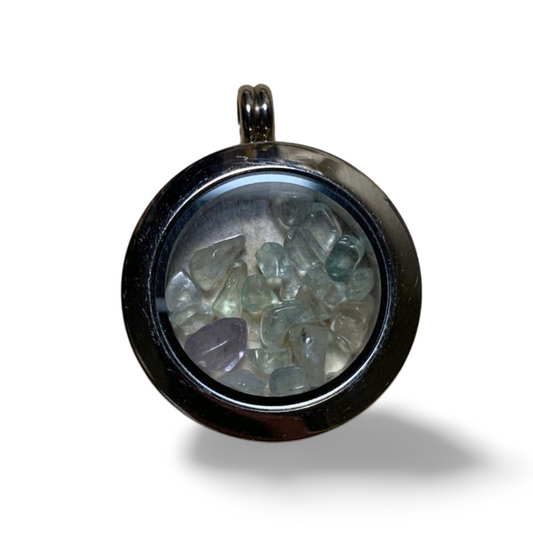 RAINBOW FLUORITE CHIP STAINLESS STEEL MEMORY LOCKET PENDANT