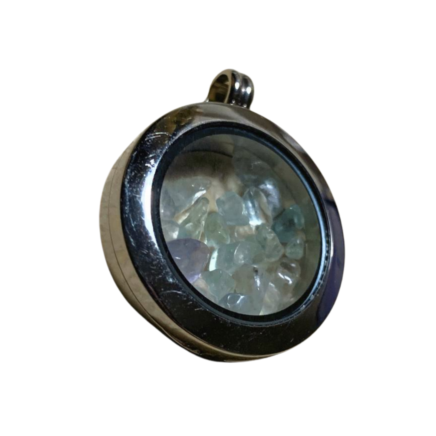 RAINBOW FLUORITE CHIP STAINLESS STEEL MEMORY LOCKET PENDANT