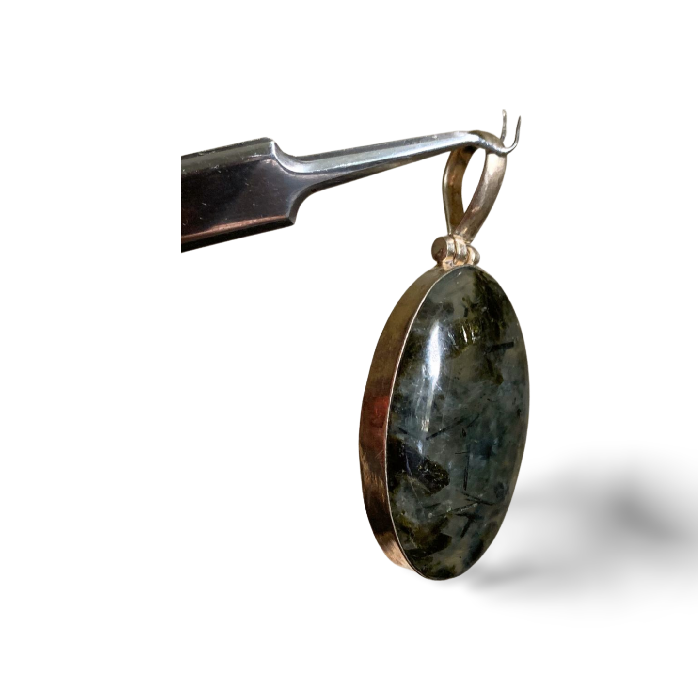 PREHNITE, EPIDOTE & BLACK TOURMALINE SILVER PENDANT