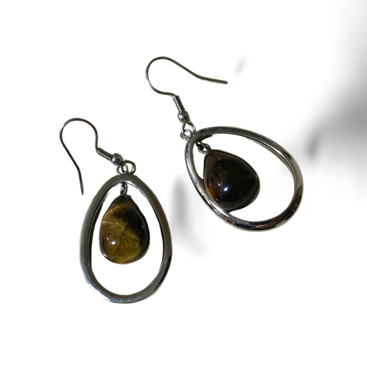 GOLD TIGER EYE TEARDROP STAINLESS STEEL EARRINGS