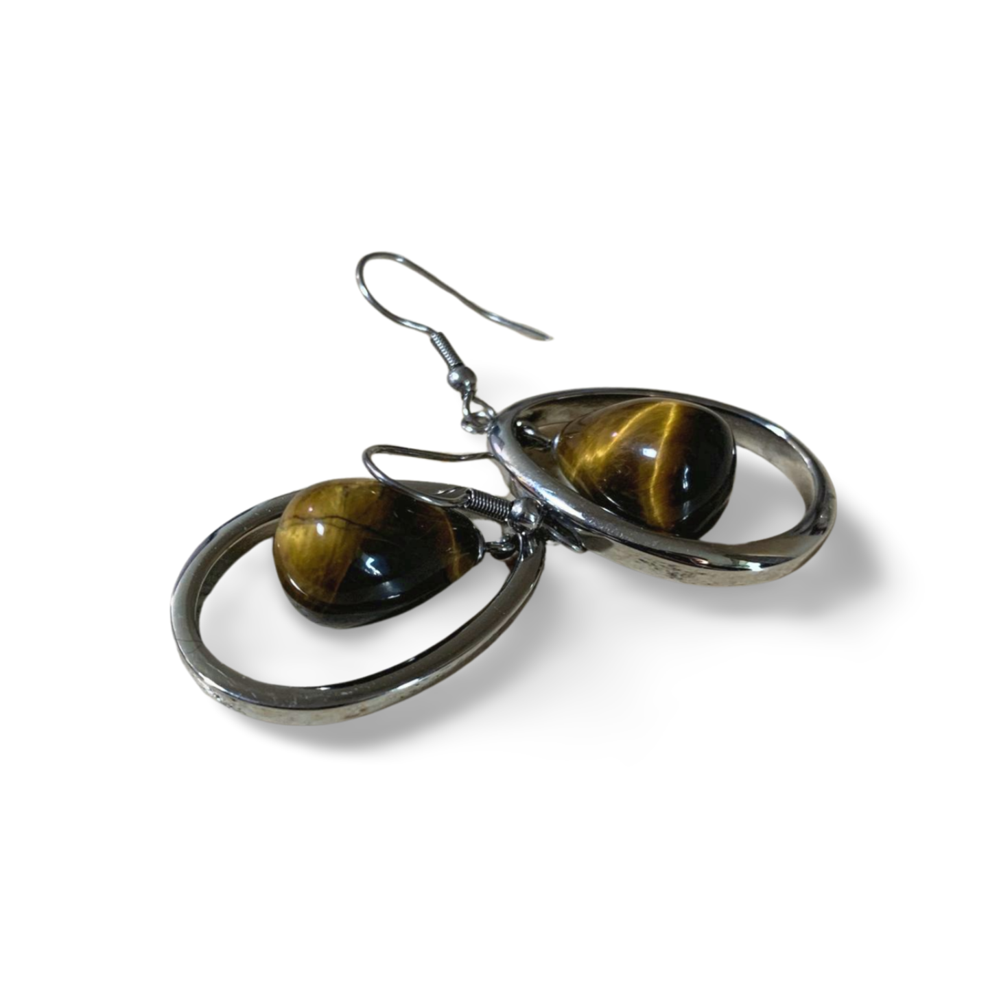 GOLD TIGER EYE TEARDROP STAINLESS STEEL EARRINGS