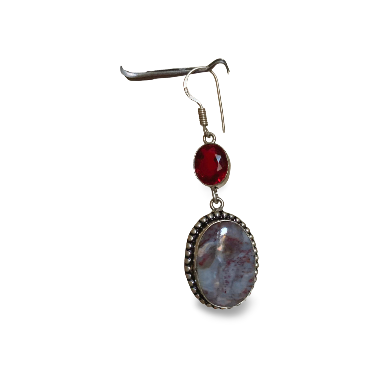 RED MOSS AGATE with PURPLE CHALCEDONY & SYNTHETIC RUBY SILVER DROP EARRINGS