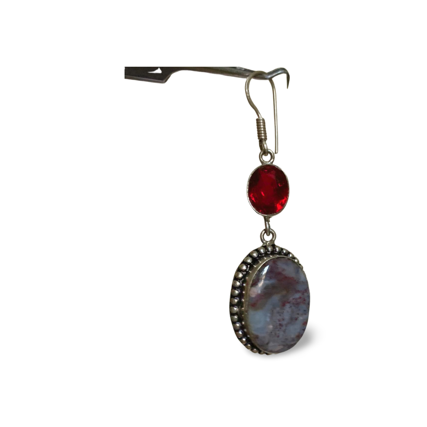 RED MOSS AGATE with PURPLE CHALCEDONY & SYNTHETIC RUBY SILVER DROP EARRINGS