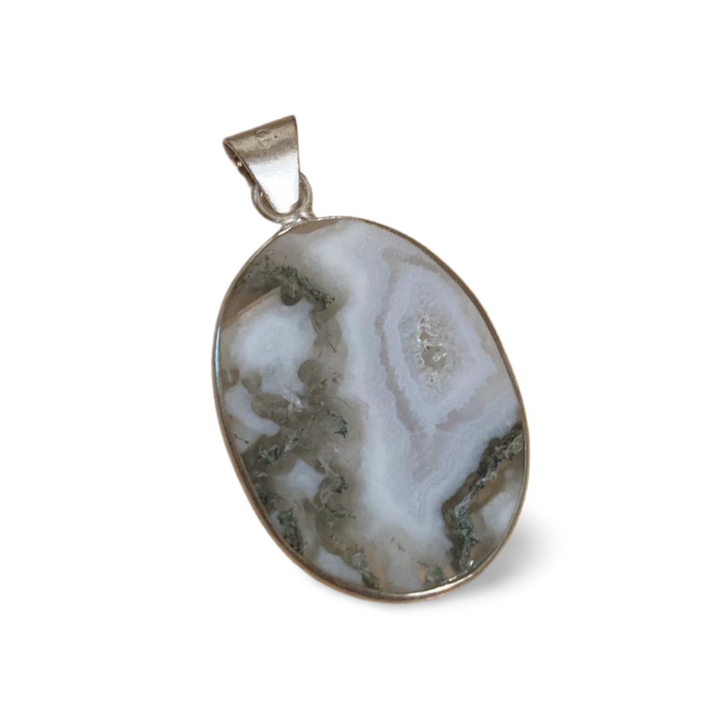 MOSS AGATE DRUZY SILVER PENDANT