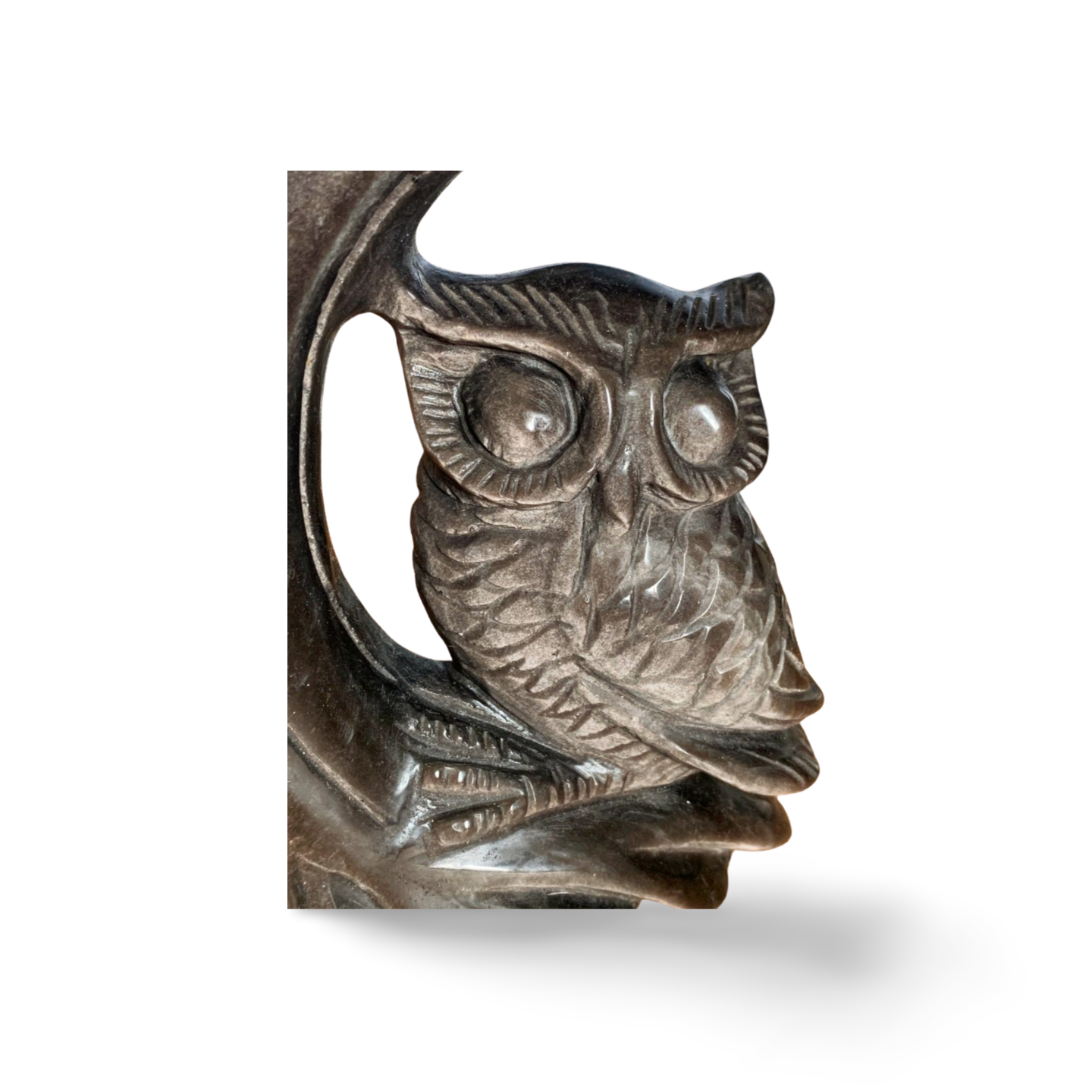 STATEMENT HAND CARVED SILVER SHEEN OBSIDIAN OWL on TREE