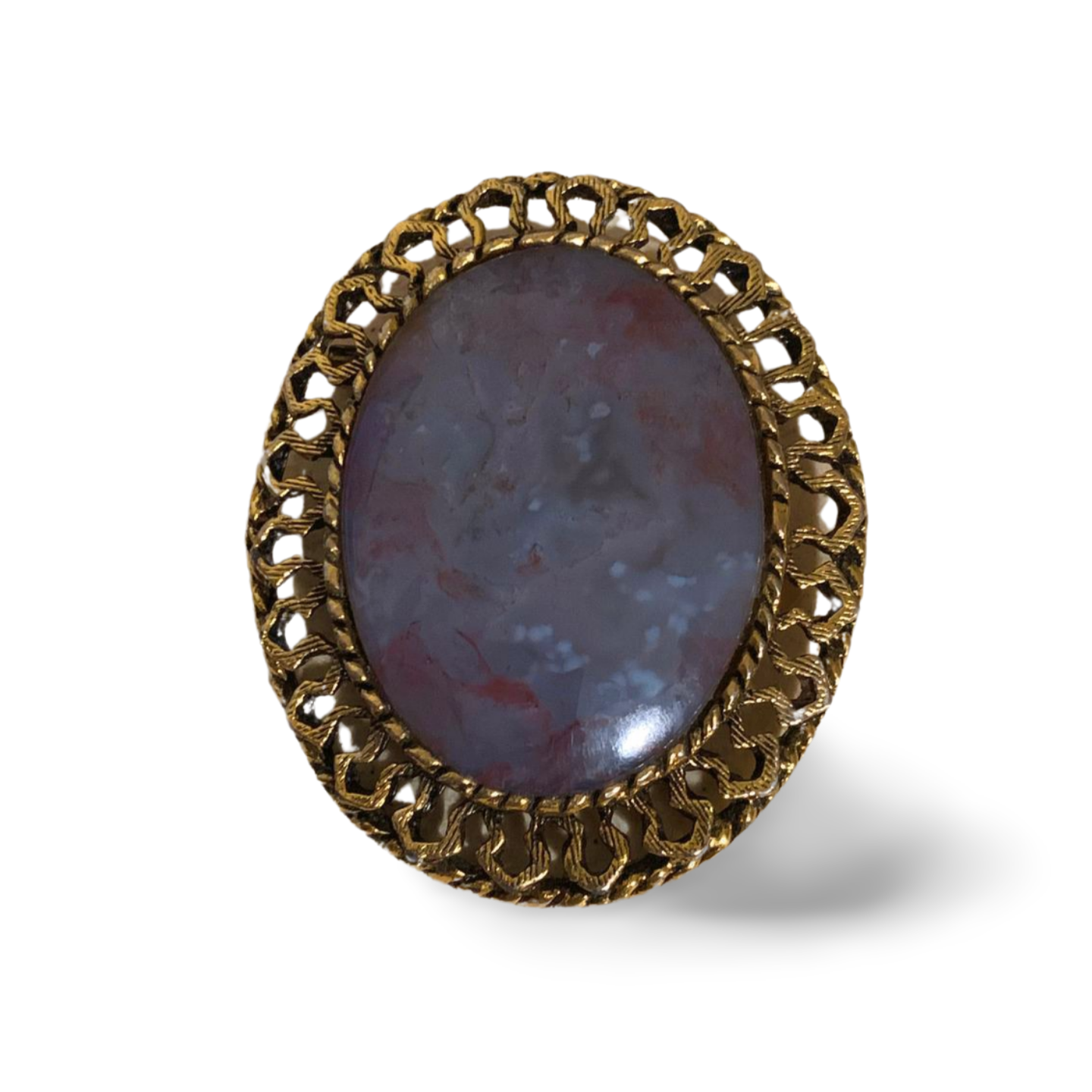 RED MOSS AGATE with PURPLE CHALCEDONY GOLD TONE BROOCH