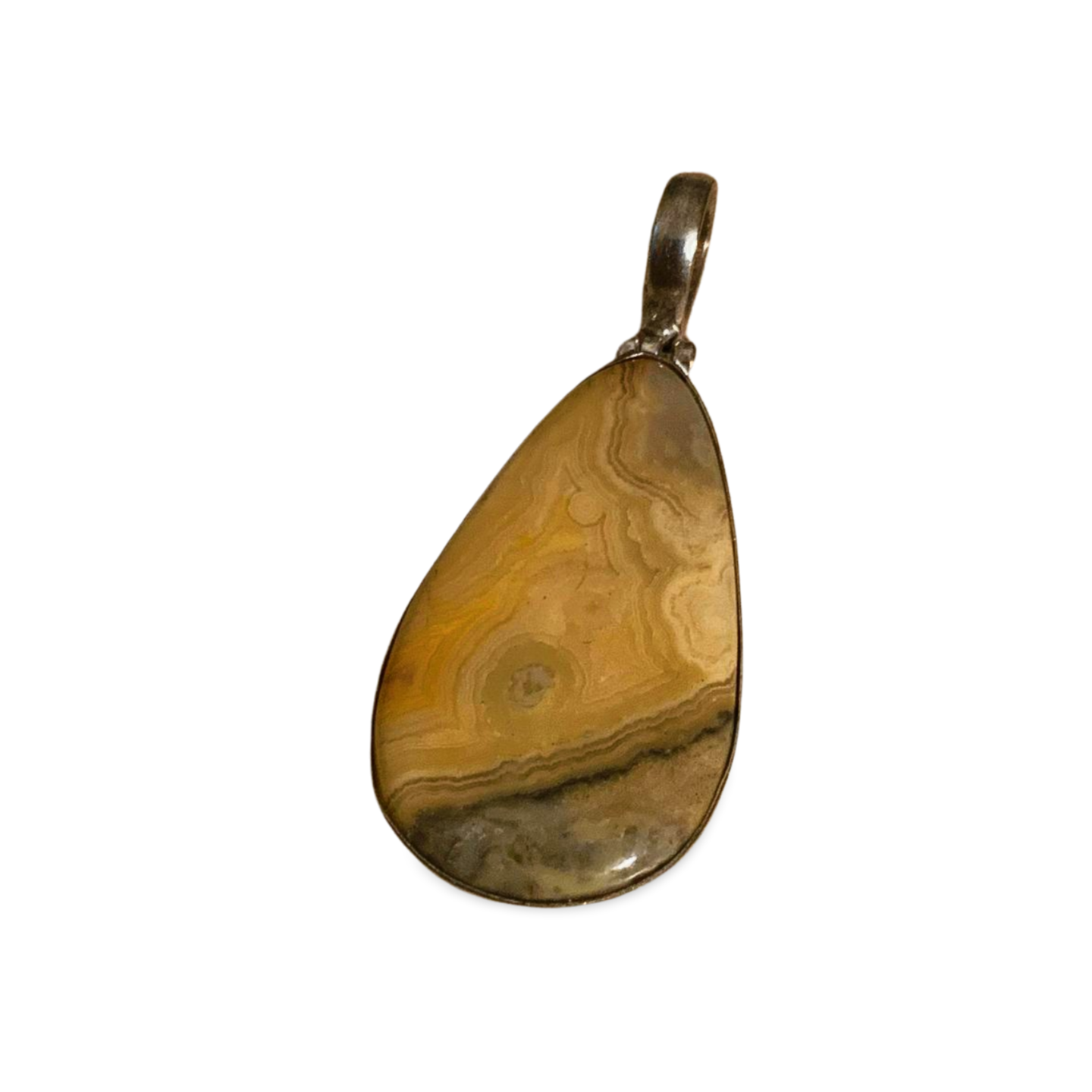 YELLOW MEXICAN CRAZY LACE AGATE TEARDROP SILVER SWING PENDANT