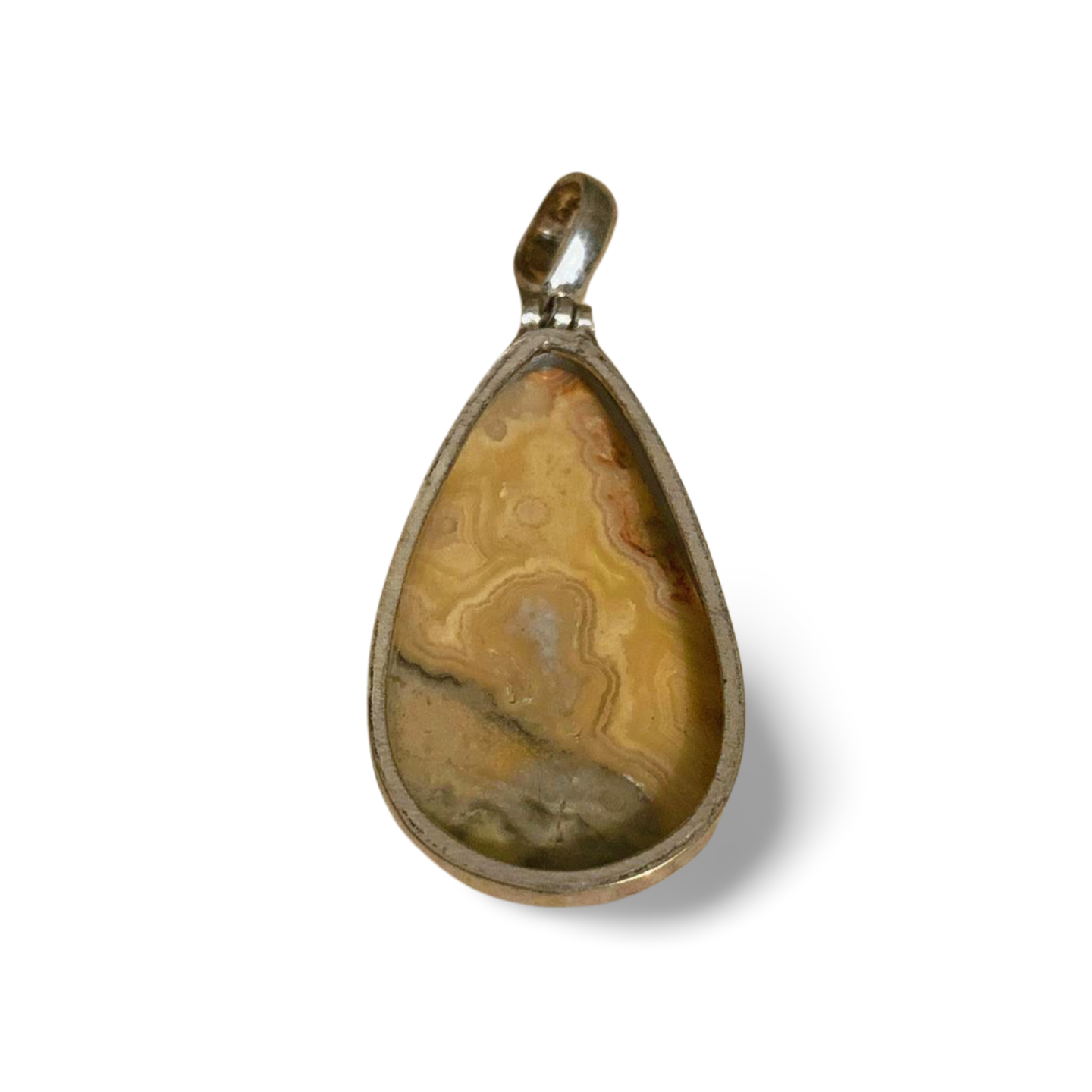 YELLOW MEXICAN CRAZY LACE AGATE TEARDROP SILVER SWING PENDANT