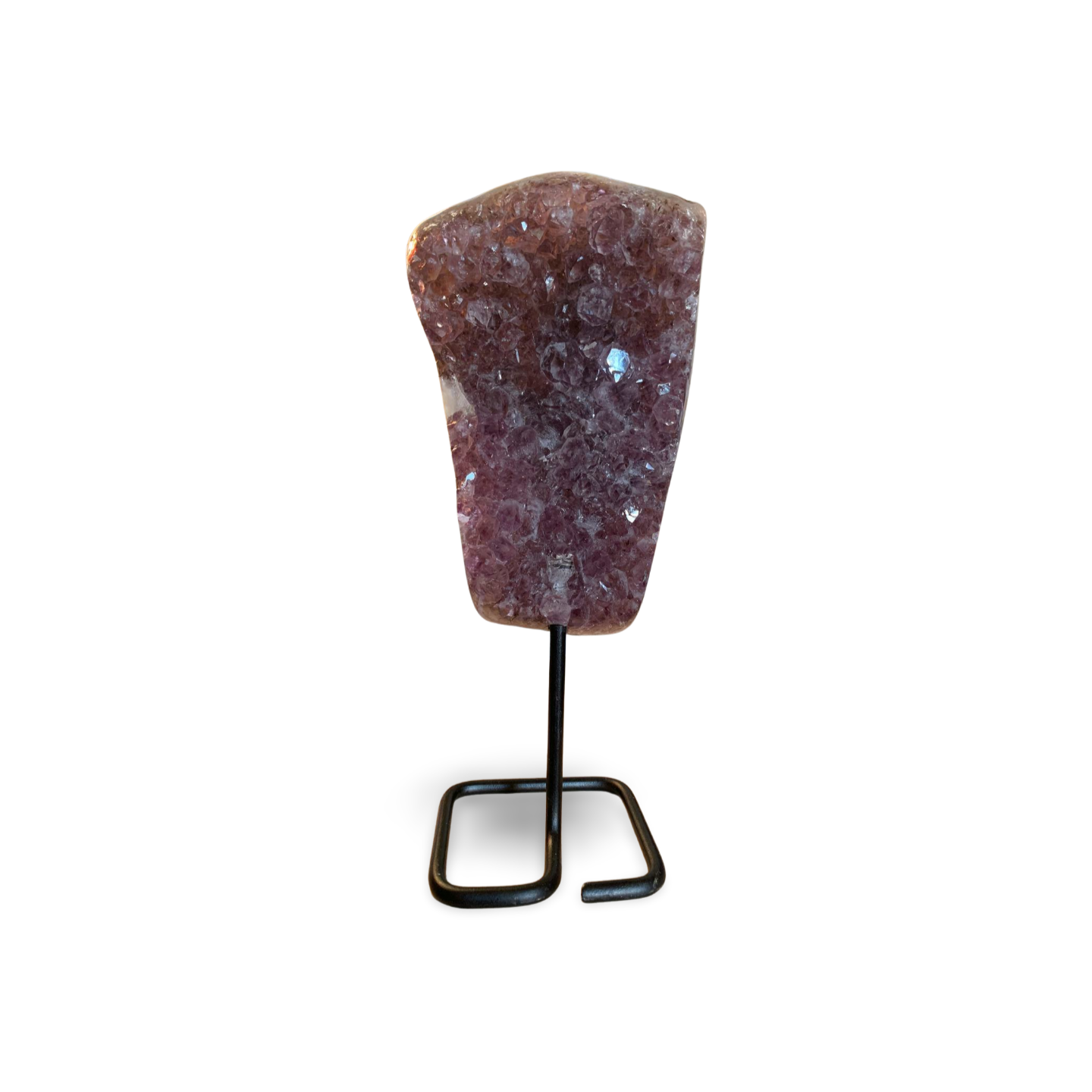 STATEMENT PHANTOM AMETHYST, GOETHITE & CALCITE CLUSTER ON METAL STAND