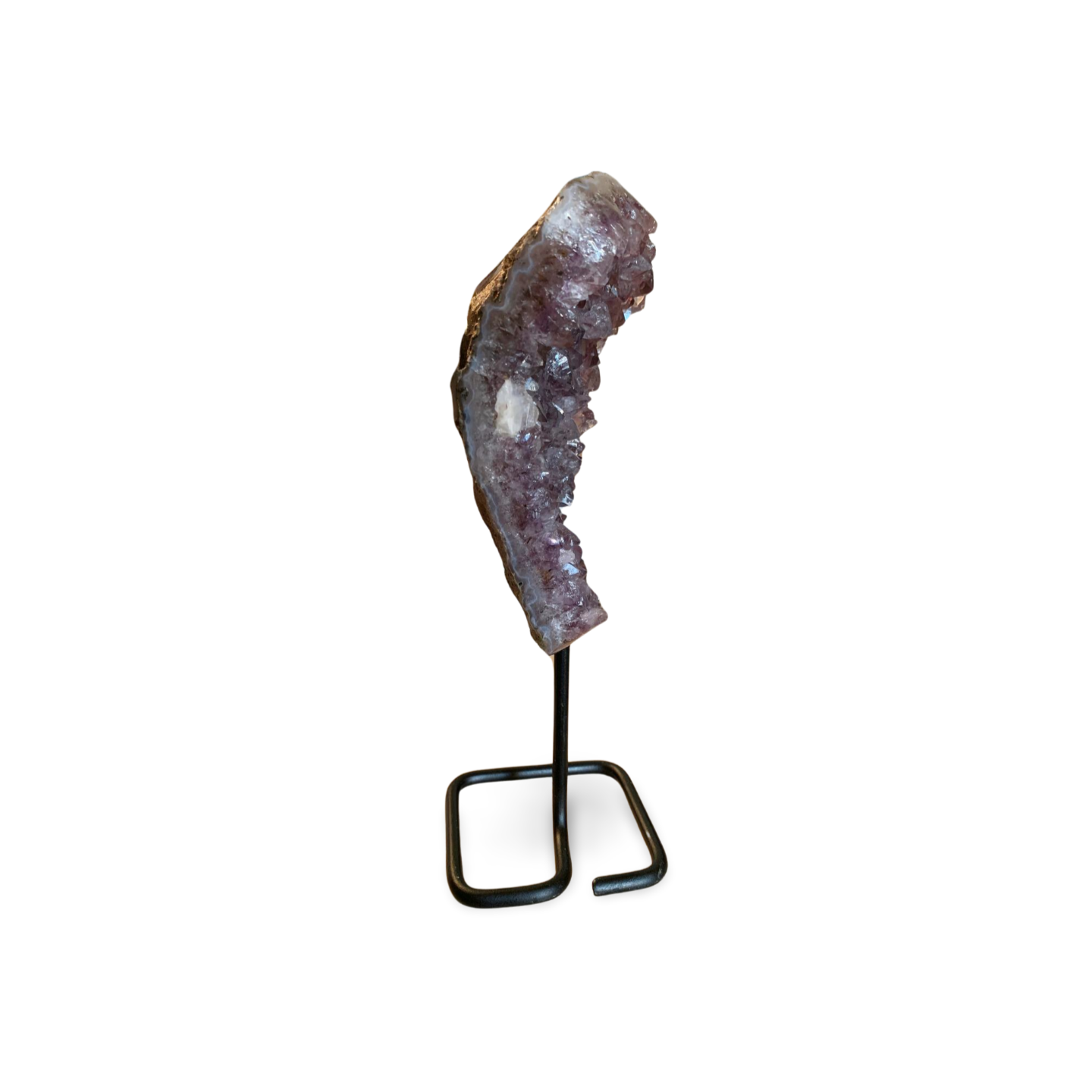 STATEMENT PHANTOM AMETHYST, GOETHITE & CALCITE CLUSTER ON METAL STAND