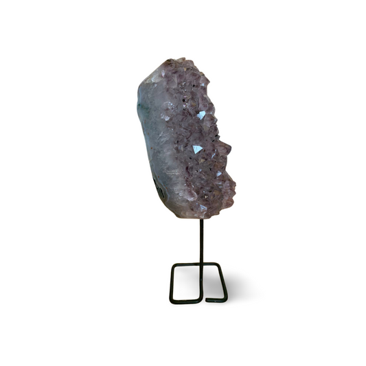 PHANTOM AMETHYST & GOETHITE CLUSTER ON METAL STAND