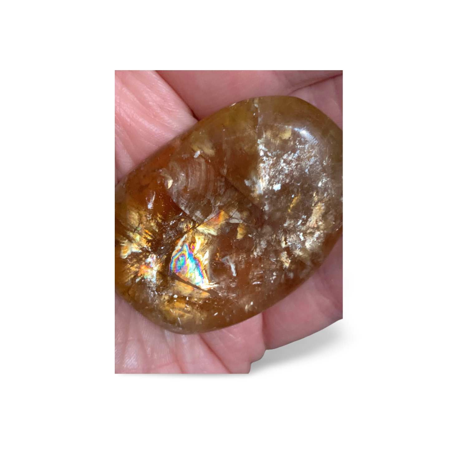 HONEY CALCITE PALM STONE with RAINBOWS