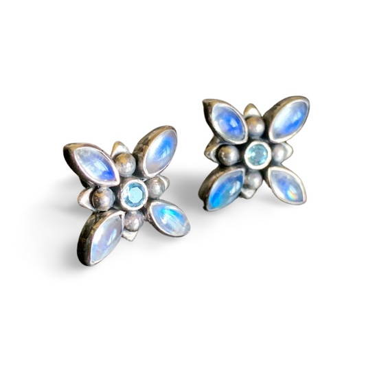 RAINBOW MOONSTONE & BLUE TOPAZ SILVER STAR STUD EARRINGS