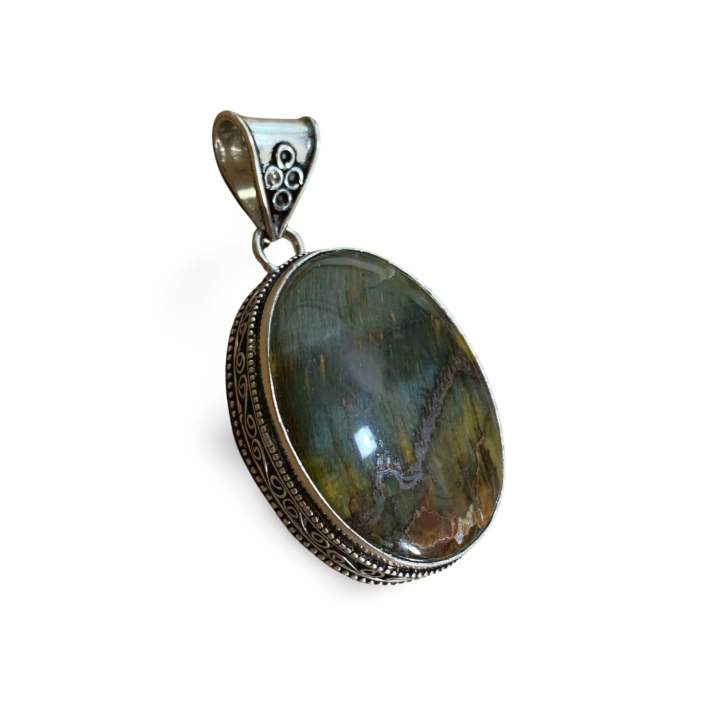 YELLOW GREEN PIETERSITE SILVER PENDANT