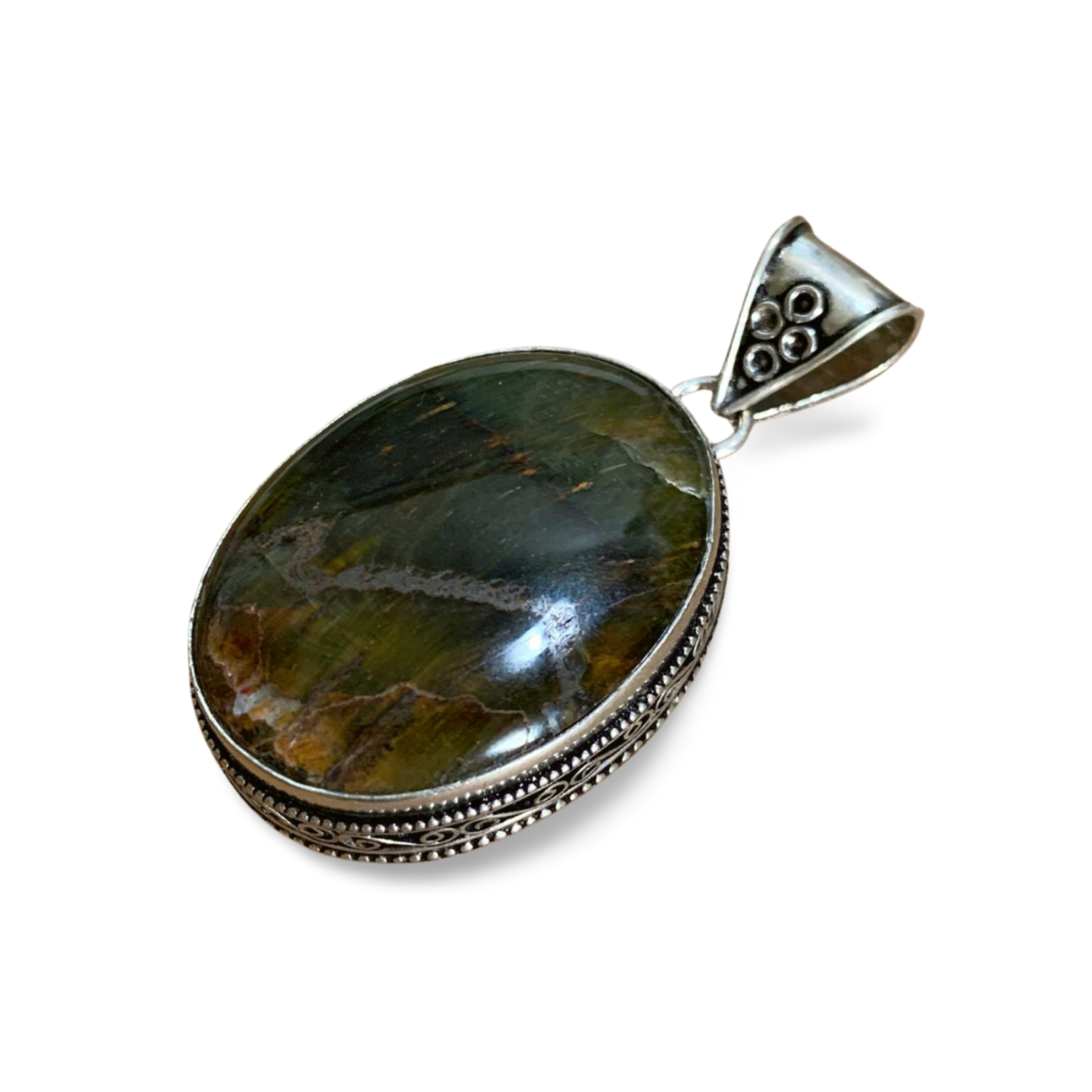 YELLOW GREEN PIETERSITE SILVER PENDANT