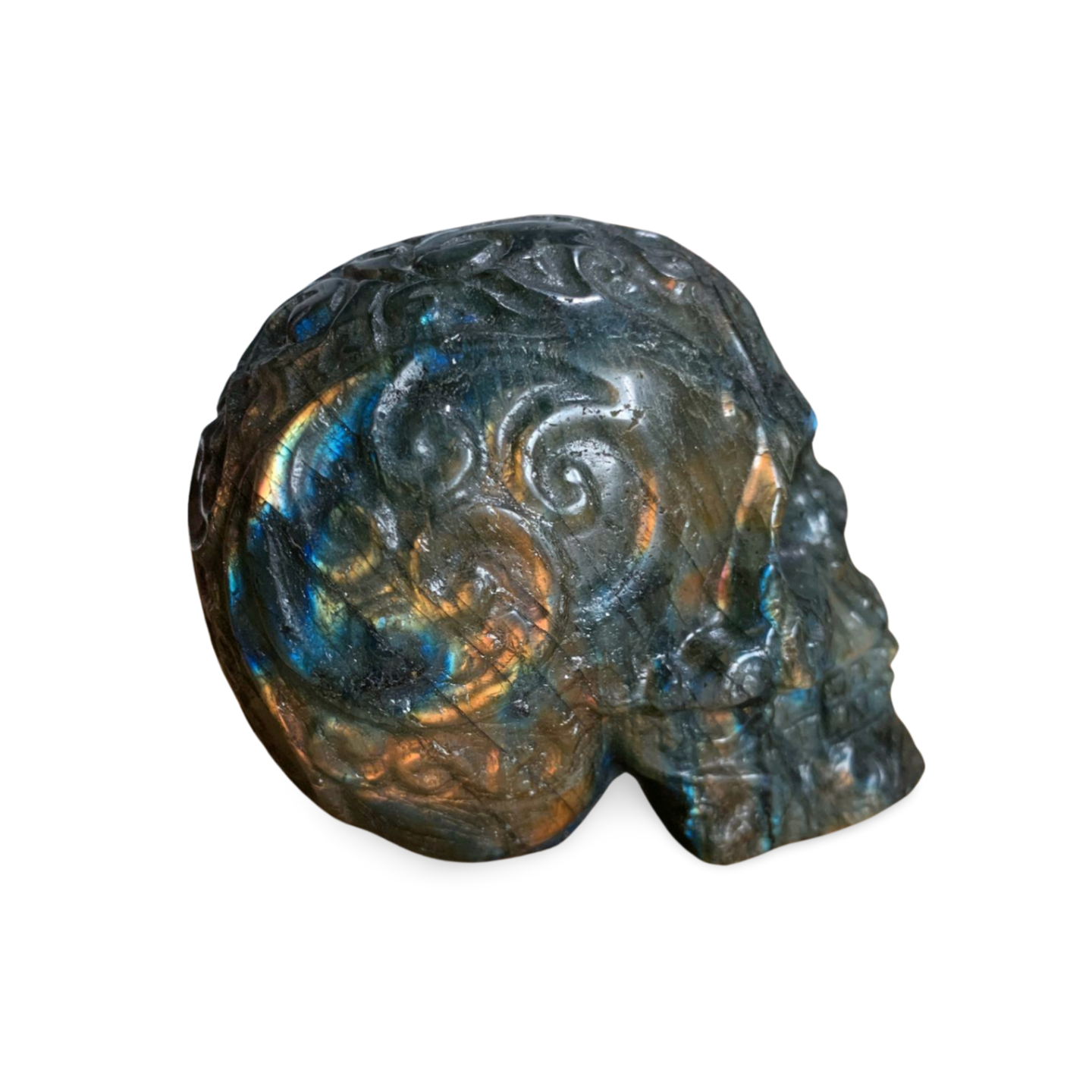 LABRADORITE SPECTROLITE BAROQUE SKULL CARVING