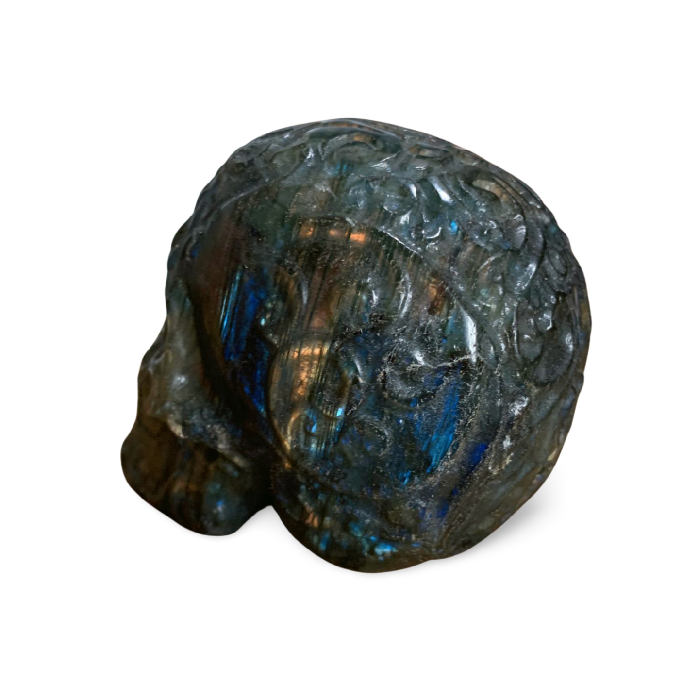 LABRADORITE SPECTROLITE BAROQUE SKULL CARVING